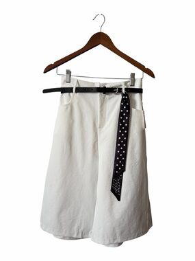 White Bermuda Shorts with Black Belt and Polka Dot Scarf Detail
